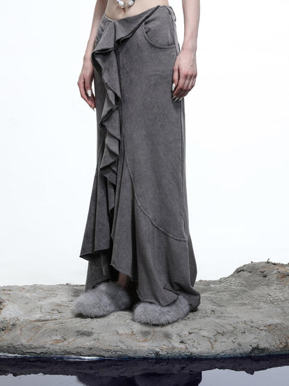 NORTH NODE Washed Lotus Edge Ruffle Asymmetrical Hem Women&