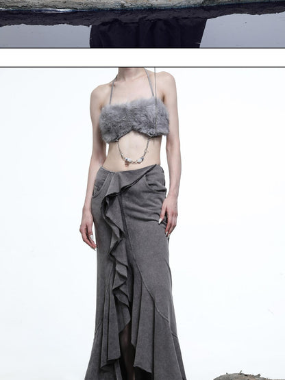 NORTH NODE Washed Lotus Edge Ruffle Asymmetrical Hem Women&