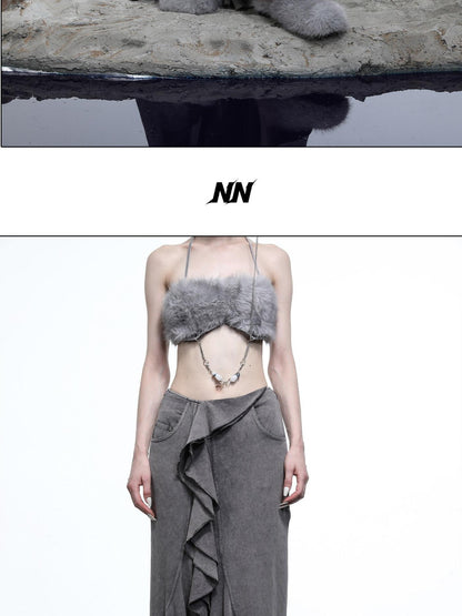 NORTH NODE Washed Lotus Edge Ruffle Asymmetrical Hem Women&