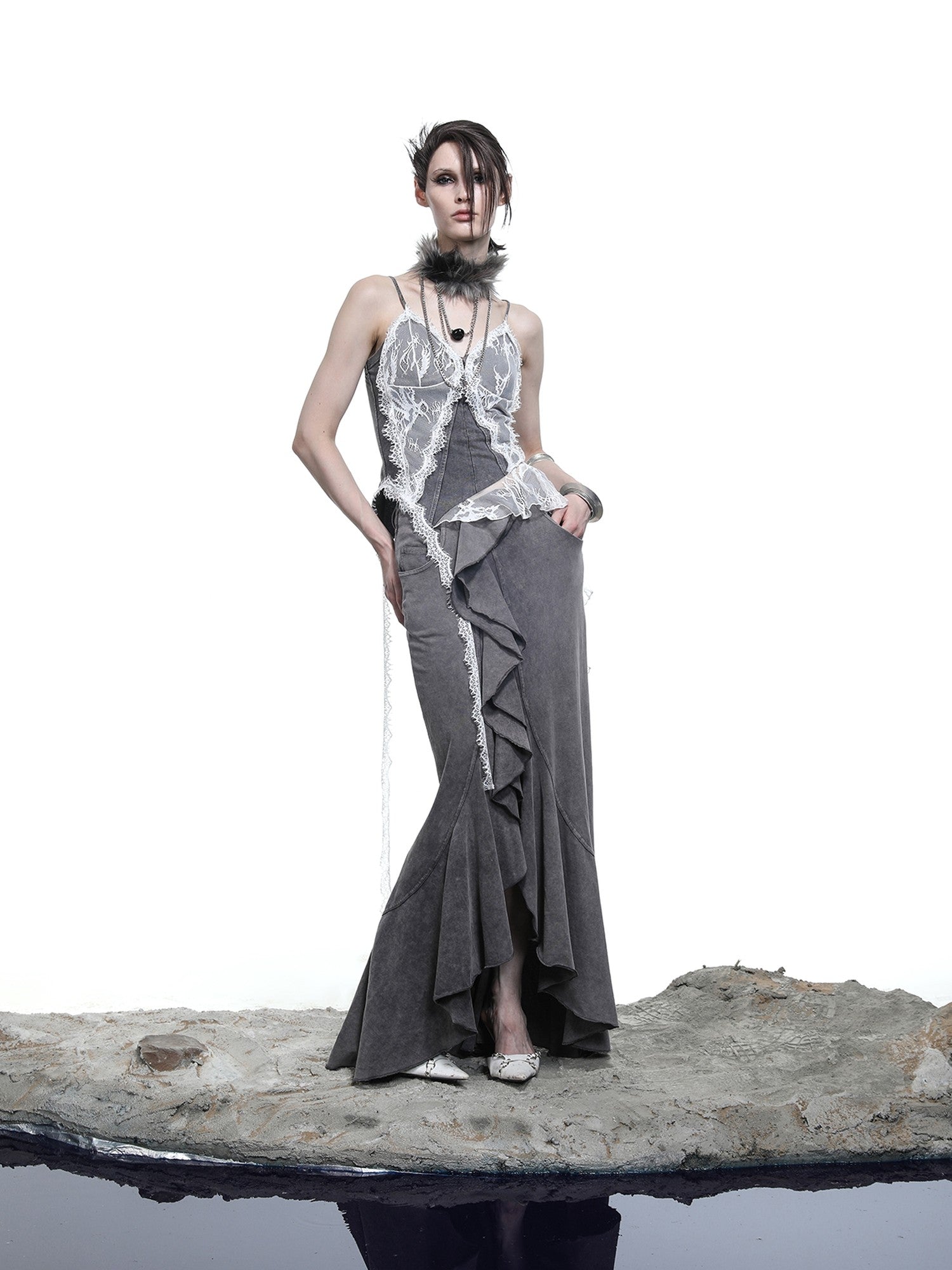 NORTH NODE Washed Lotus Edge Ruffle Asymmetrical Hem Women&
