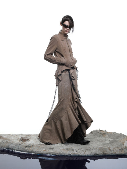 NORTH NODE Washed Lotus Edge Ruffle Asymmetrical Hem Women&