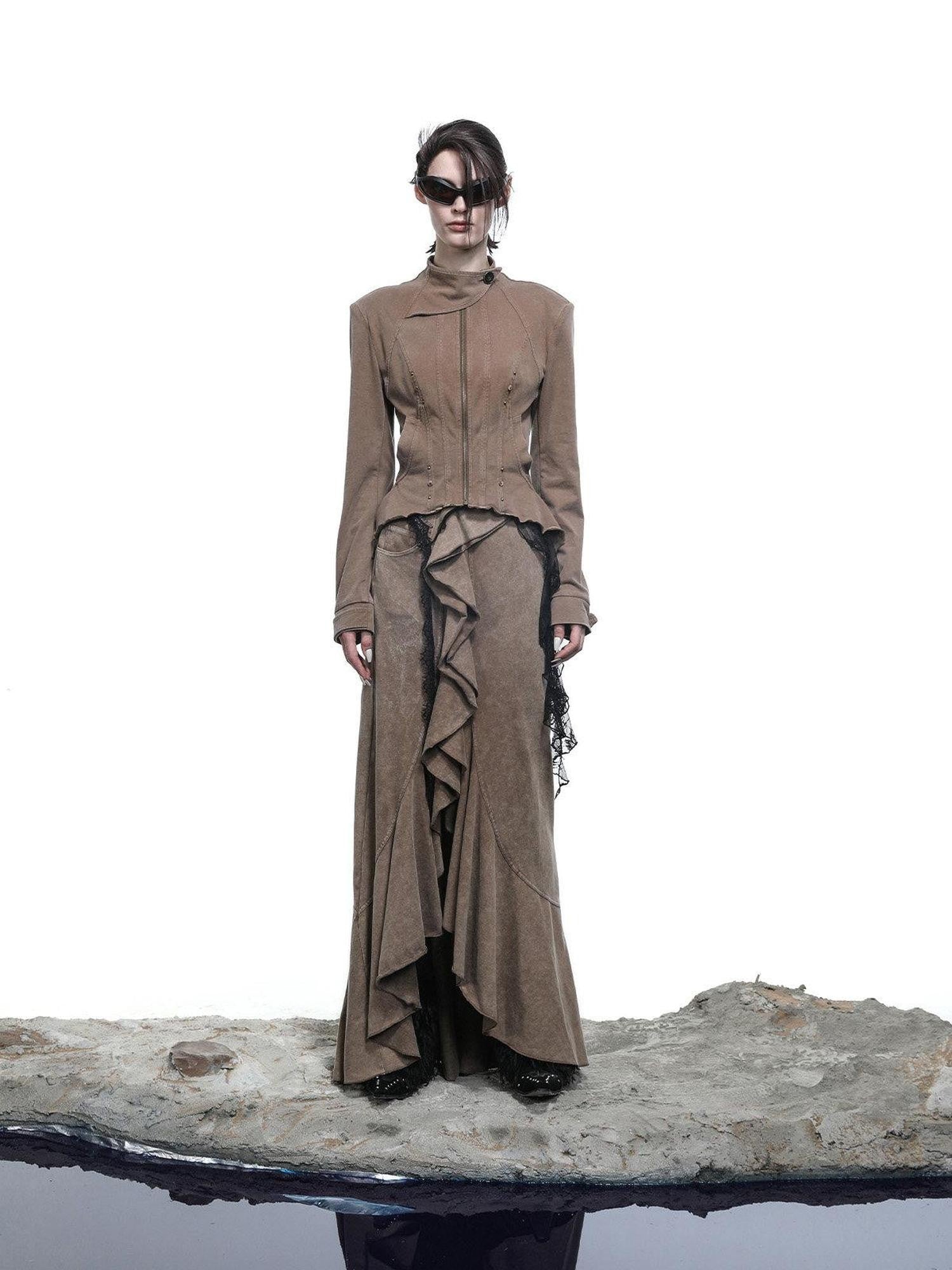 NORTH NODE Washed Lotus Edge Ruffle Asymmetrical Hem Women&