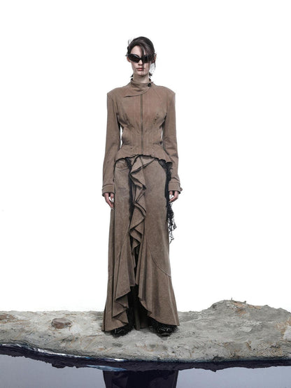 NORTH NODE Washed Lotus Edge Ruffle Asymmetrical Hem Women&