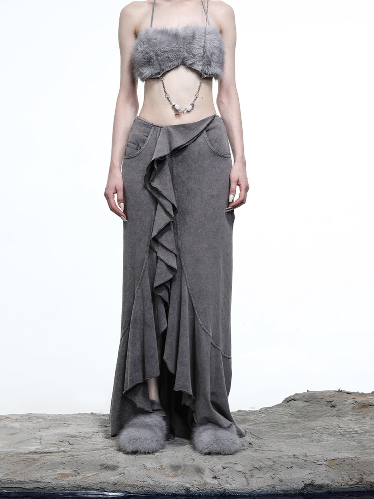 NORTH NODE Washed Lotus Edge Ruffle Asymmetrical Hem Women&