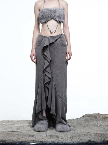 NORTH NODE Washed Lotus Edge Ruffle Asymmetrical Hem Women&