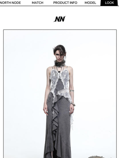 NORTH NODE Washed Lotus Edge Ruffle Asymmetrical Hem Women&
