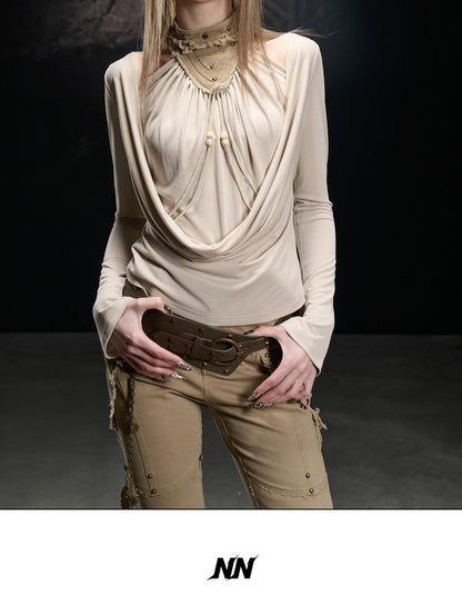 NORTH NODE Washed Patchwork Draped Halter Pleated Women&