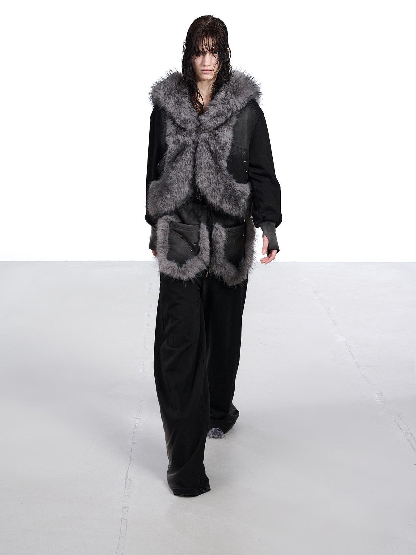 NORTH NODE Washed Patchwork Faux Fur Big Pocket Women&