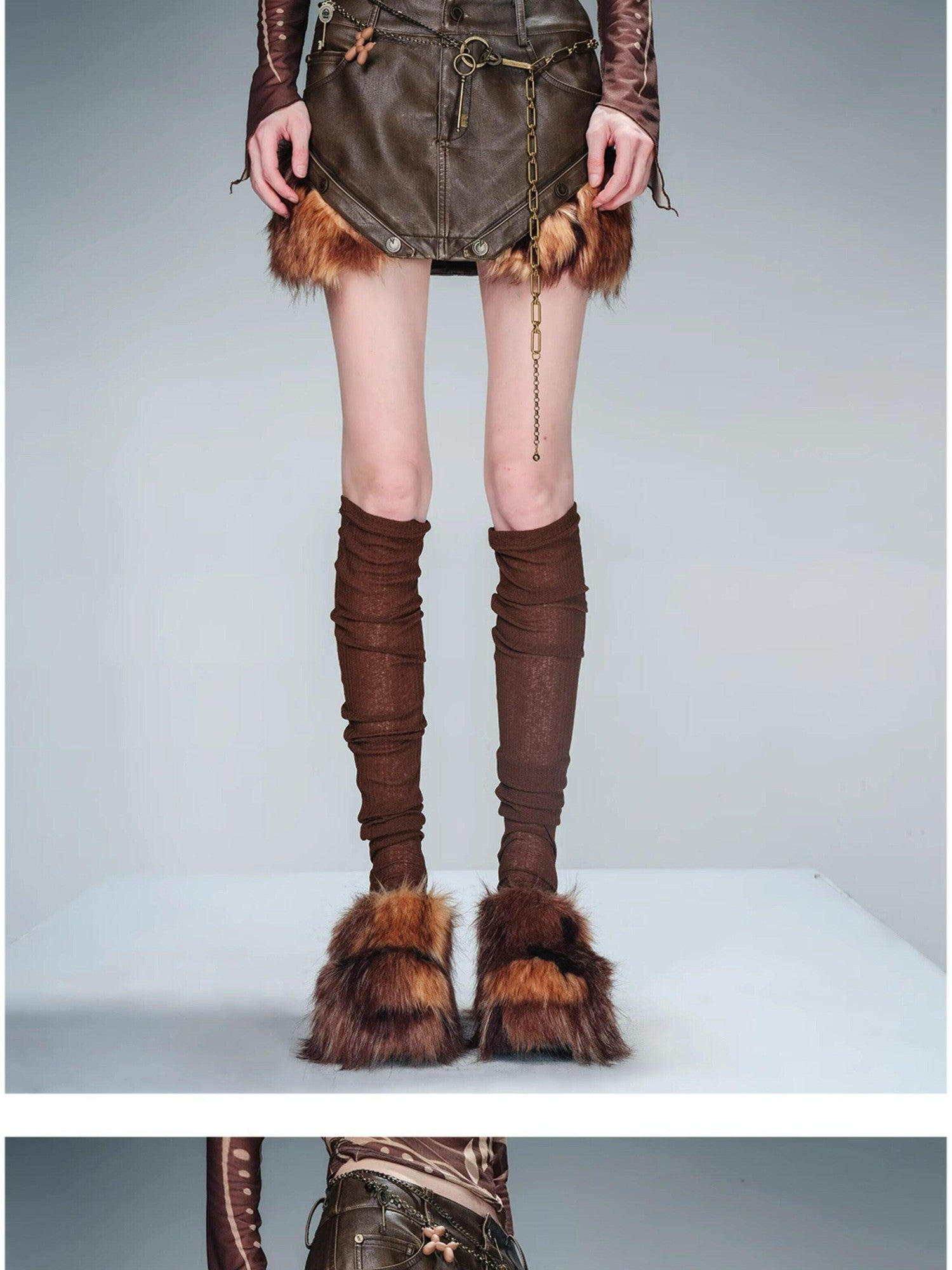 NORTH NODE Washed Patchwork Faux Fur Trim Vintage Slim H Pencil Women&