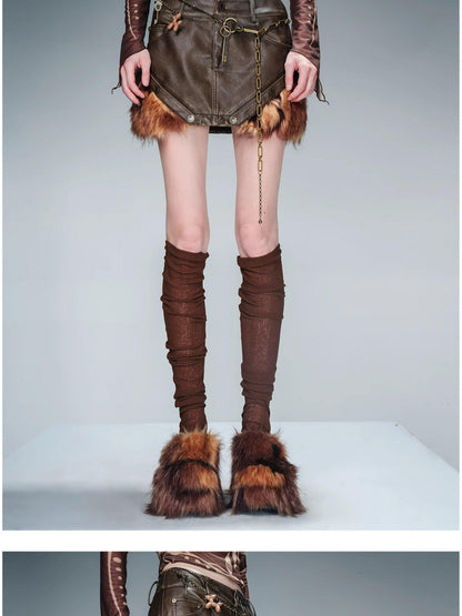 NORTH NODE Washed Patchwork Faux Fur Trim Vintage Slim H Pencil Women&