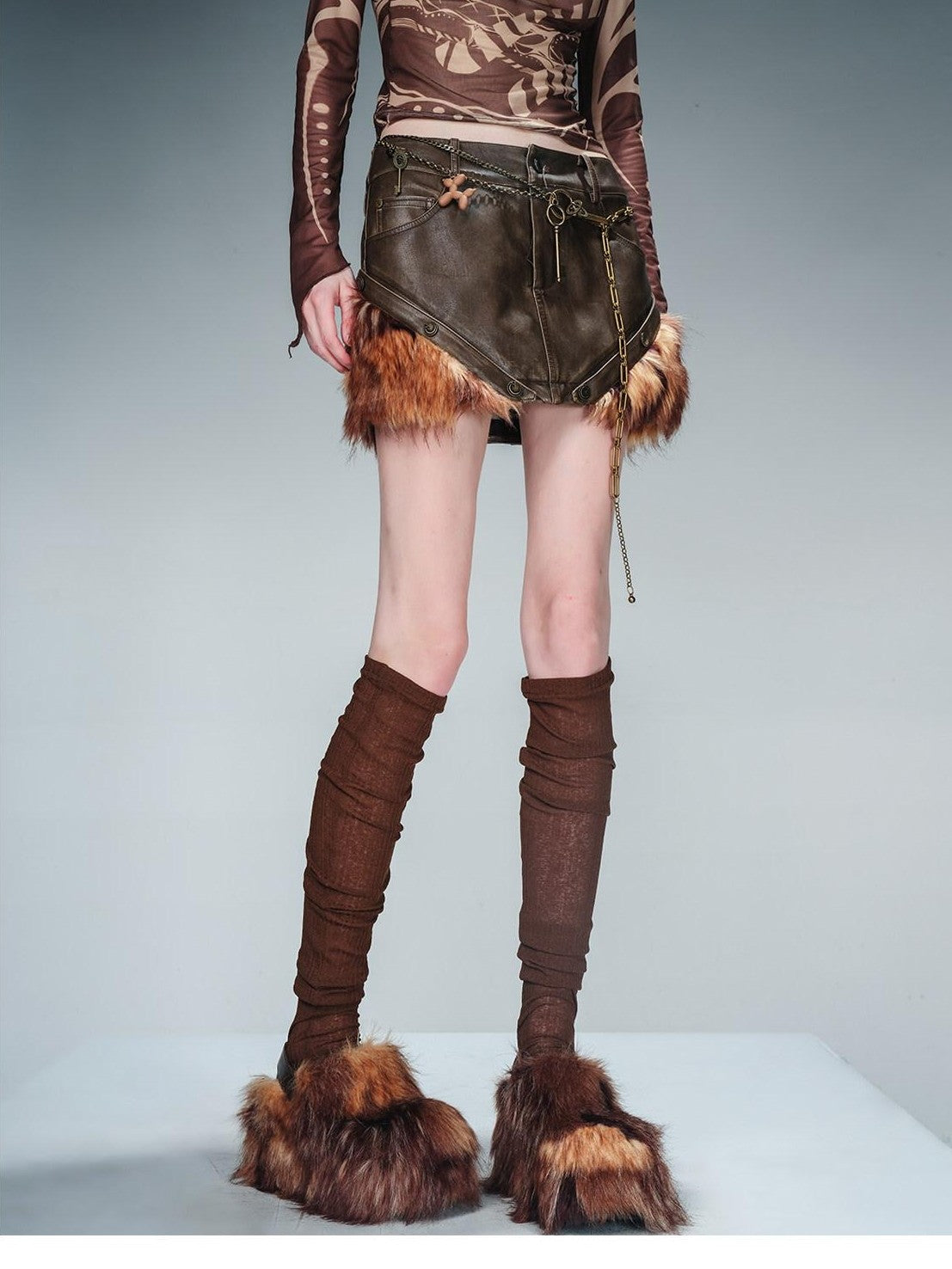NORTH NODE Washed Patchwork Faux Fur Trim Vintage Slim H Pencil Women&