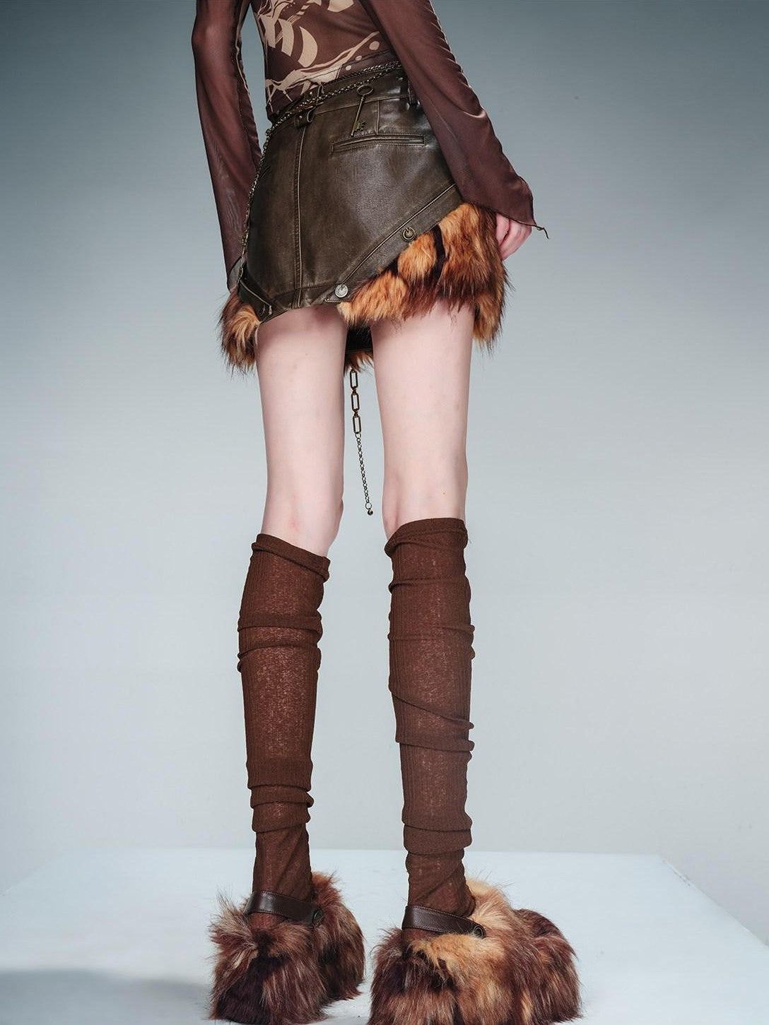 NORTH NODE Washed Patchwork Faux Fur Trim Vintage Slim H Pencil Women&
