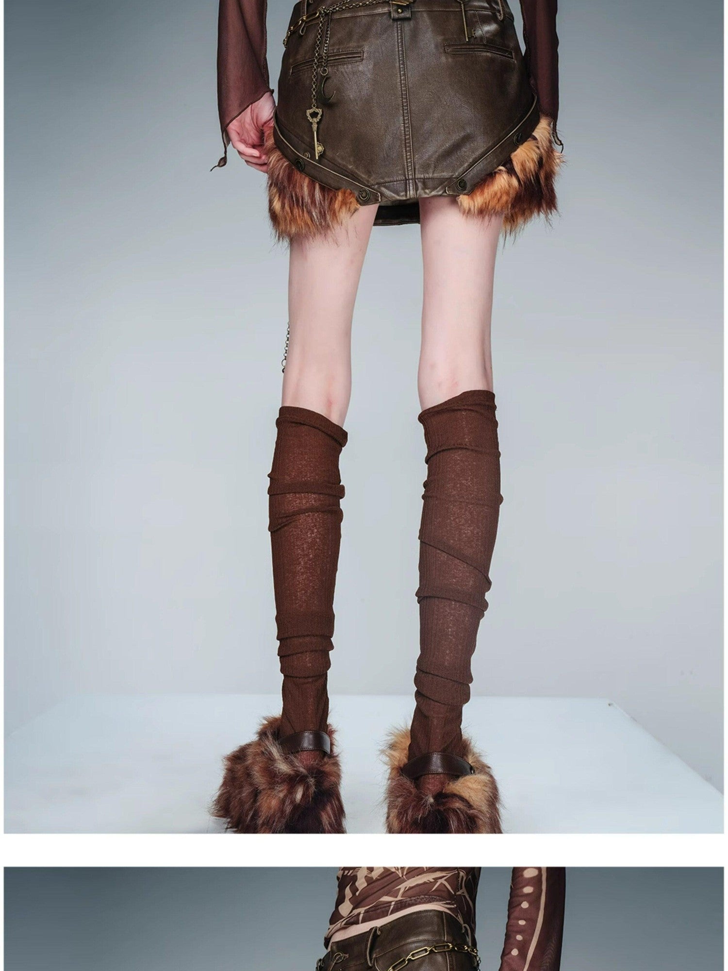 NORTH NODE Washed Patchwork Faux Fur Trim Vintage Slim H Pencil Women&