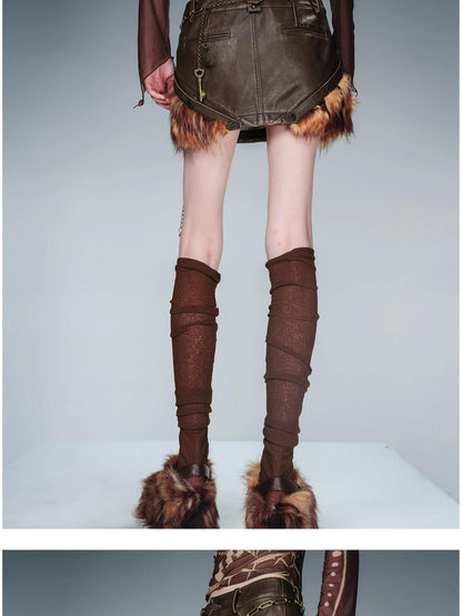 NORTH NODE Washed Patchwork Faux Fur Trim Vintage Slim H Pencil Women&
