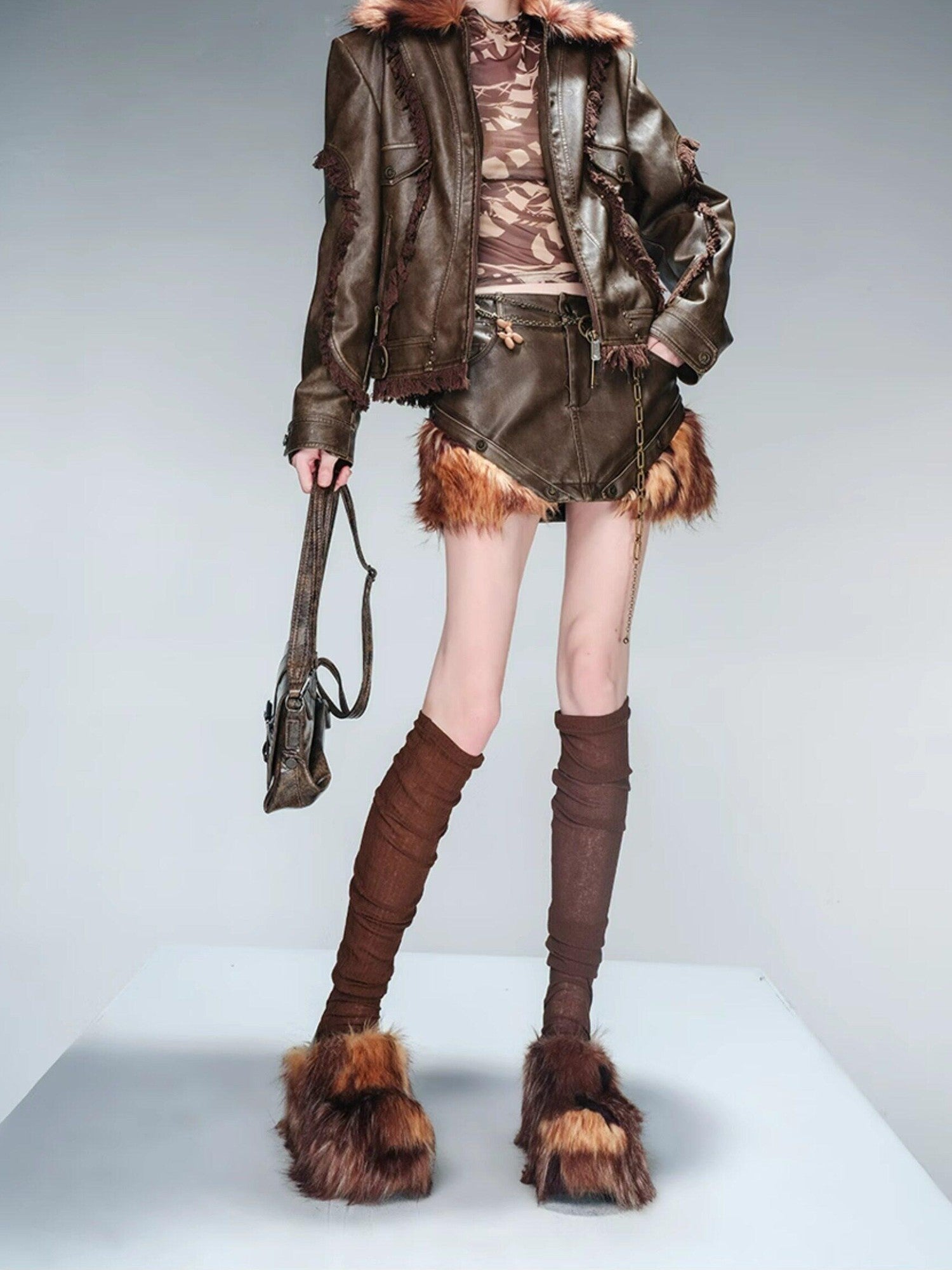 NORTH NODE Washed Patchwork Faux Fur Trim Vintage Slim H Pencil Women&