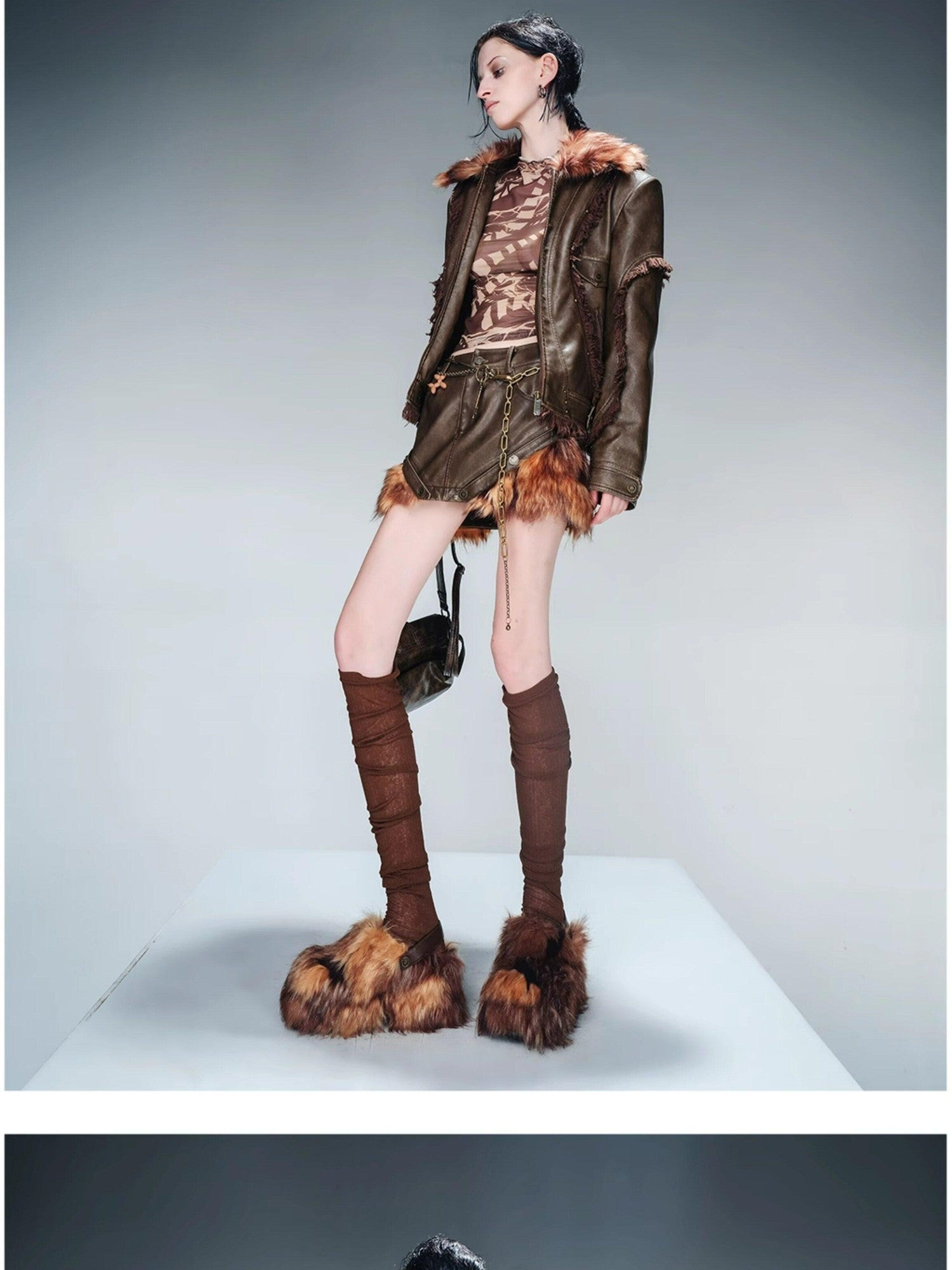 NORTH NODE Washed Patchwork Faux Fur Trim Vintage Slim H Pencil Women&