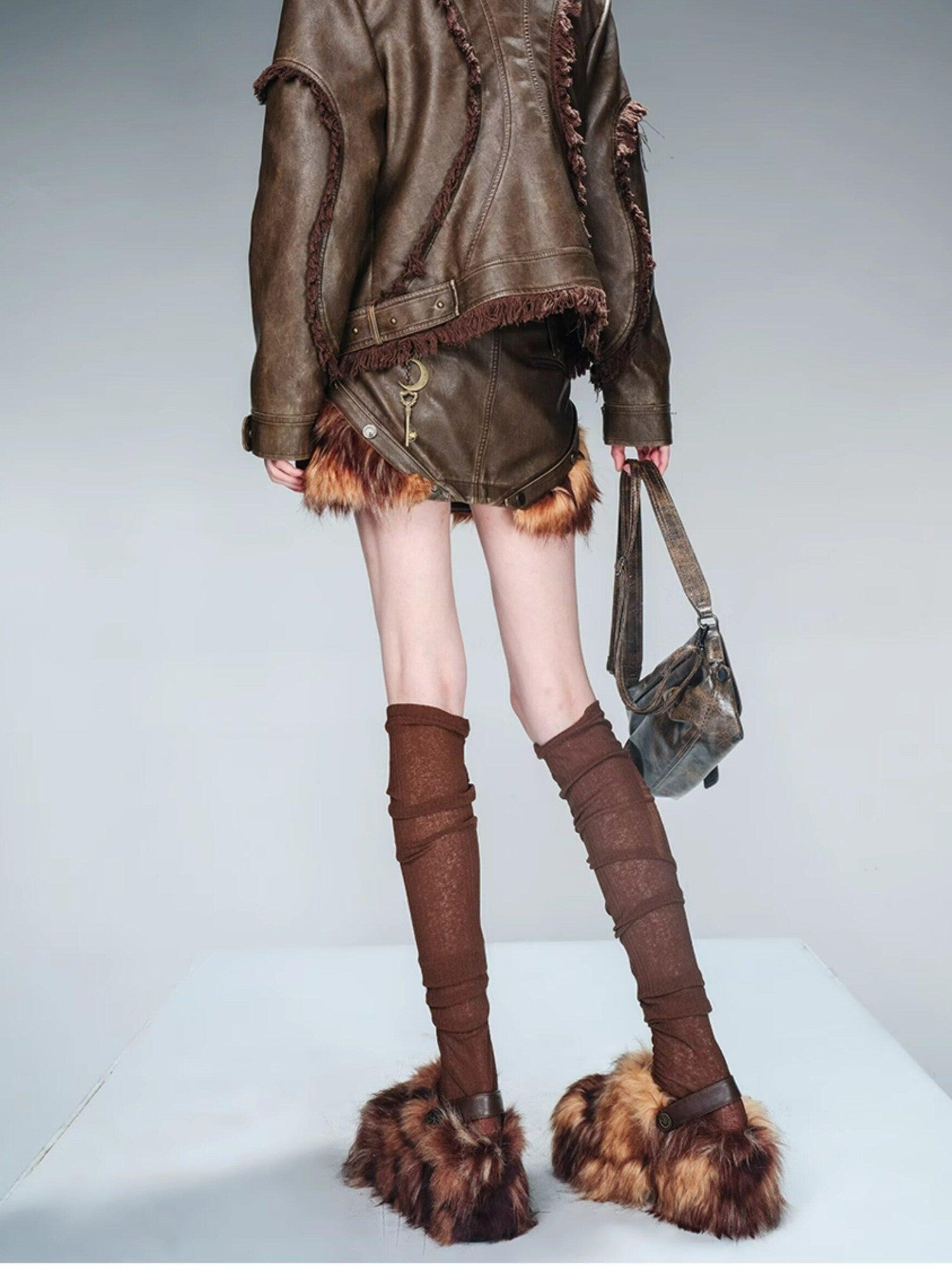 NORTH NODE Washed Patchwork Faux Fur Trim Vintage Slim H Pencil Women&