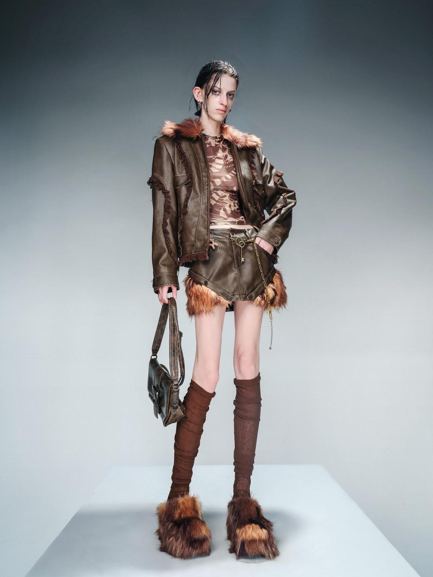NORTH NODE Washed Patchwork Faux Fur Trim Vintage Slim H Pencil Women&