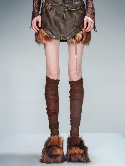 NORTH NODE Washed Patchwork Faux Fur Trim Vintage Slim H Pencil Women&