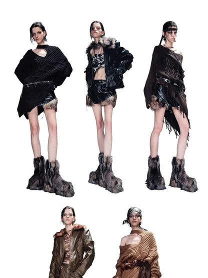 NORTH NODE Washed Patchwork Faux Fur Trim Vintage Slim H Pencil Women&