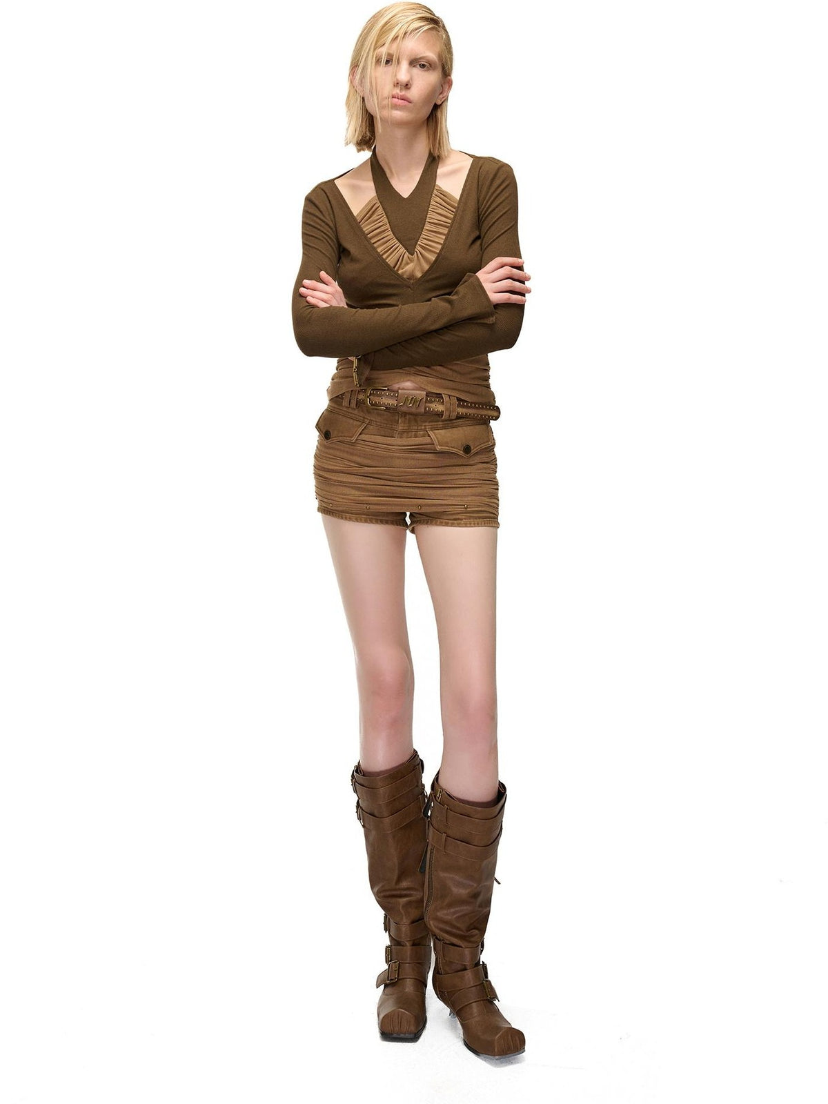 NORTH NODE Washed Pleated Patchwork Slim Fit Cotton Women&