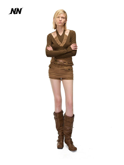 NORTH NODE Washed Pleated Patchwork Slim Fit Cotton Women&
