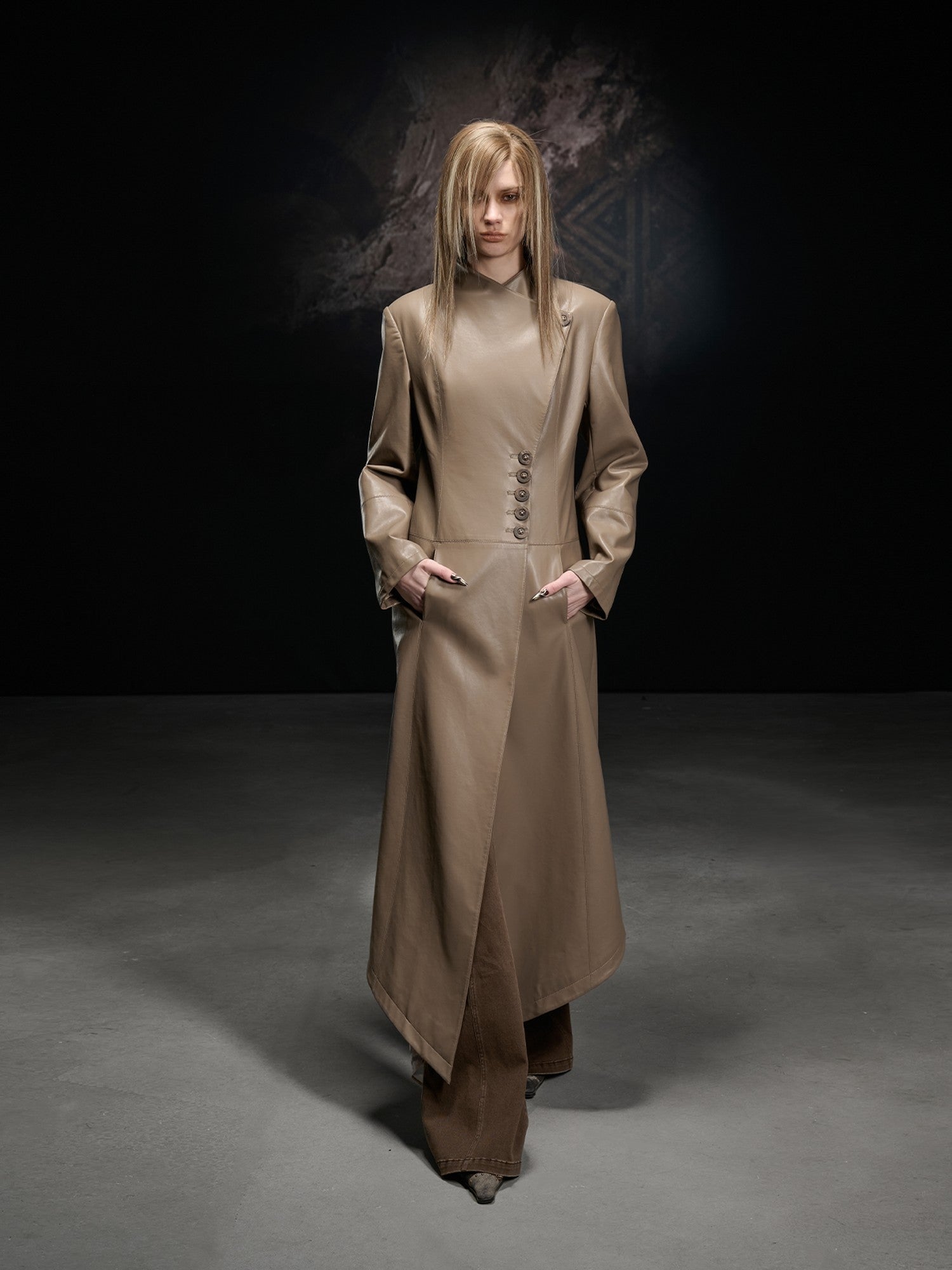 NORTH NODE Washed Pu Leather Lychee Grain V-neck Single Row Buttons Women&