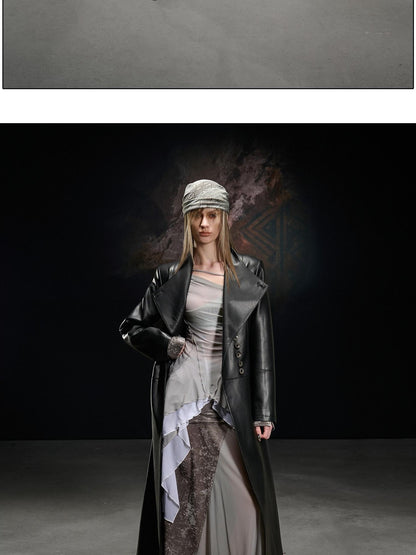 NORTH NODE Washed Pu Leather Lychee Grain V-neck Single Row Buttons Women&