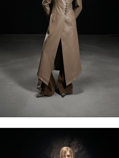 NORTH NODE Washed Pu Leather Lychee Grain V-neck Single Row Buttons Women&