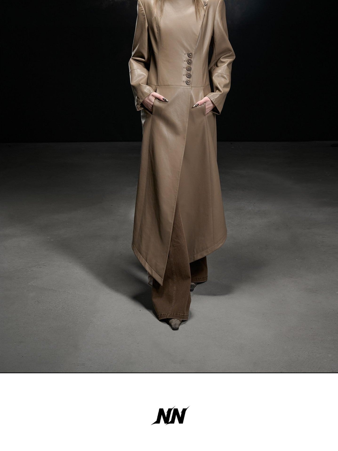 NORTH NODE Washed Pu Leather Lychee Grain V-neck Single Row Buttons Women&