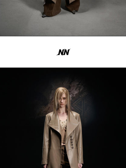 NORTH NODE Washed Pu Leather Lychee Grain V-neck Single Row Buttons Women&