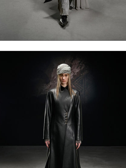 NORTH NODE Washed Pu Leather Lychee Grain V-neck Single Row Buttons Women&