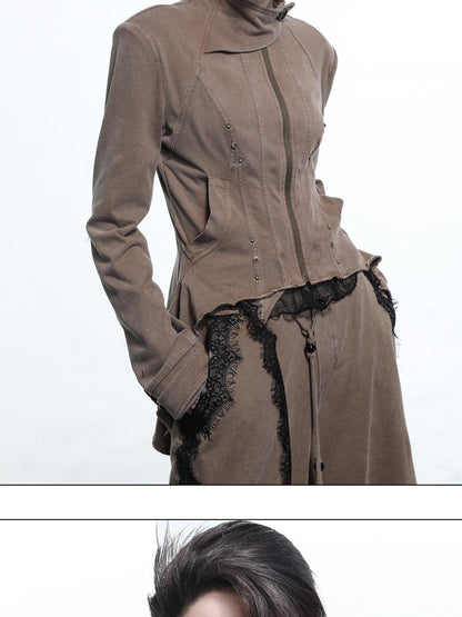 NORTH NODE Washed Slim Fit Zip Up Crew Neck Women&
