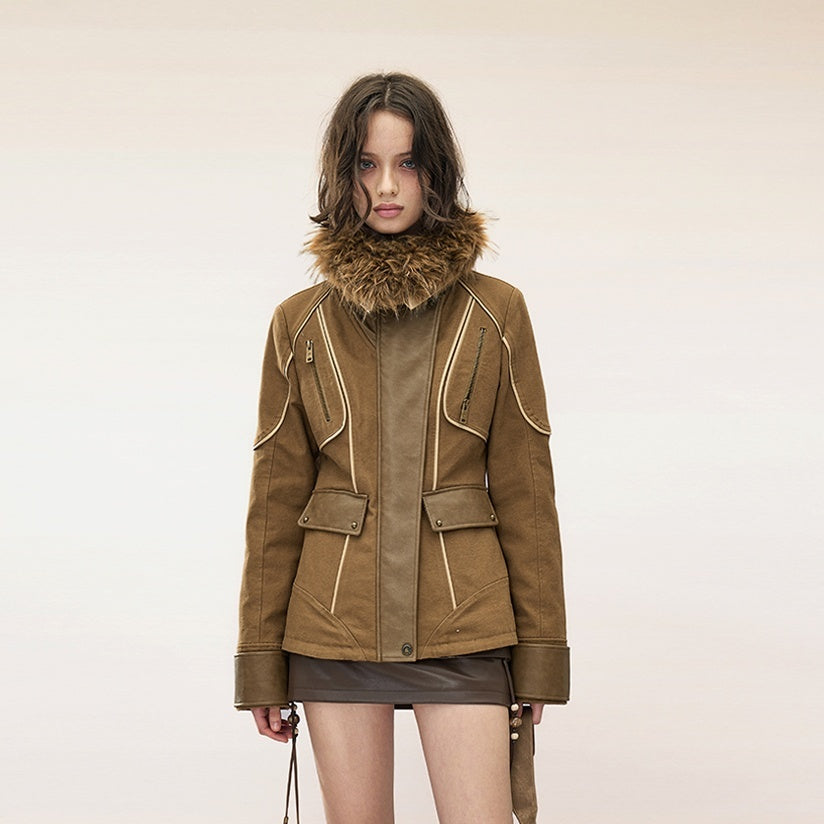 NORTH_NODE_Washed_Twill_Faux_Leather_Spliced_Quilted_Fur_Collar_Cinched_Waist_Women&