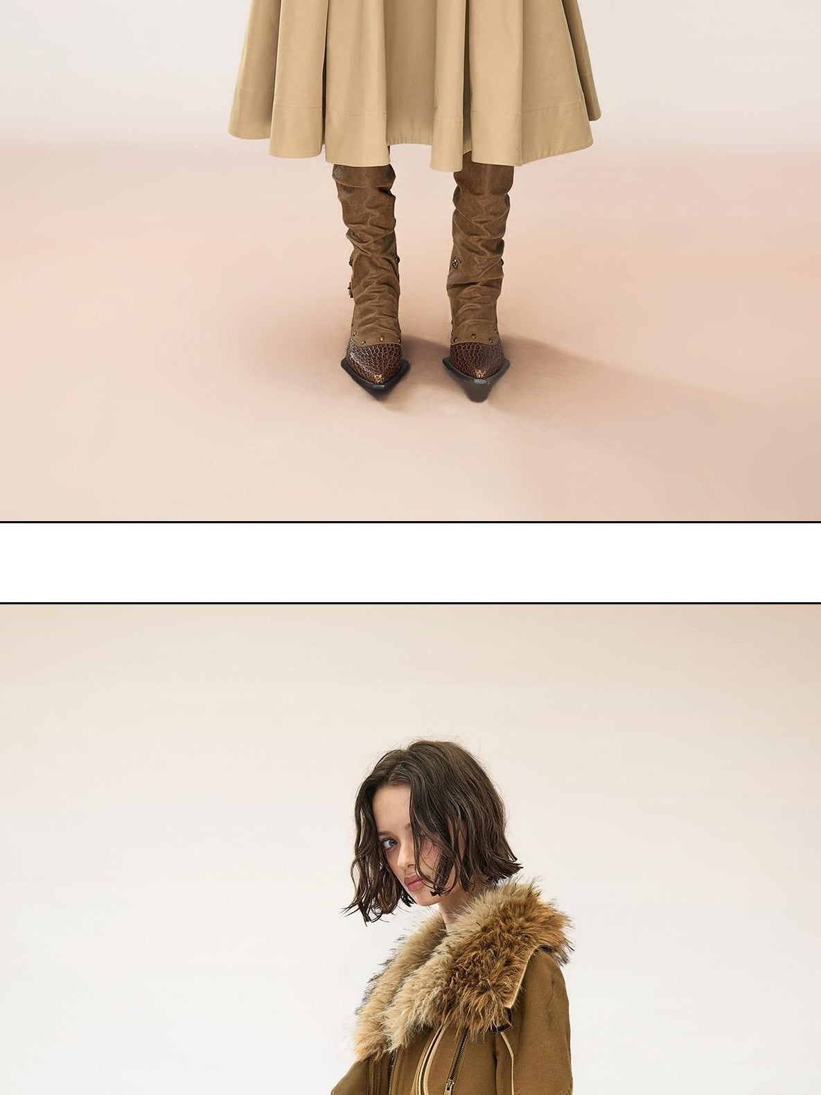 NORTH NODE Washed Twill Faux Leather Spliced Quilted Fur Collar Cinched Waist Women&