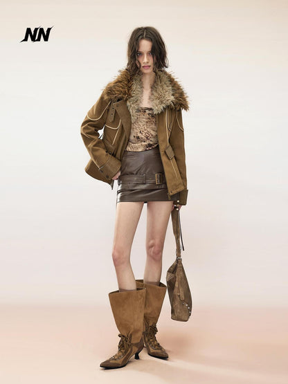 NORTH NODE Washed Twill Faux Leather Spliced Quilted Fur Collar Cinched Waist Women&