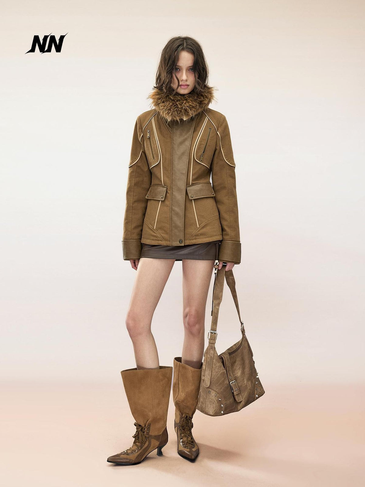 NORTH NODE Washed Twill Faux Leather Spliced Quilted Fur Collar Cinched Waist Women&