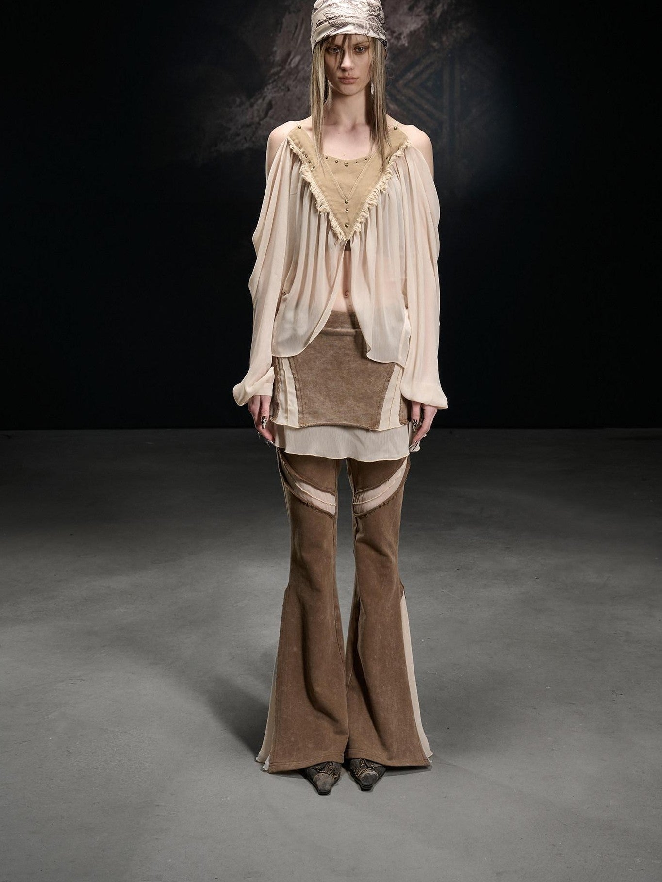 NORTH NODE Washed Vintage Chiffon Panel Slimming Micro Flare Women&