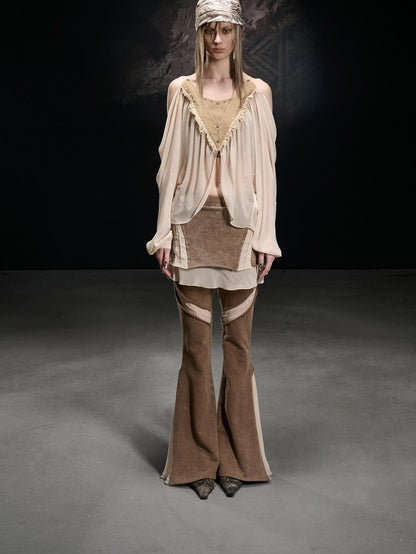 NORTH NODE Washed Vintage Chiffon Panel Slimming Micro Flare Women&