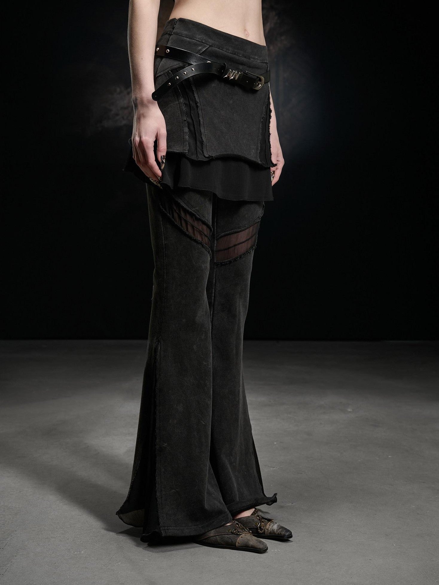 NORTH NODE Washed Vintage Chiffon Panel Slimming Micro Flare Women&