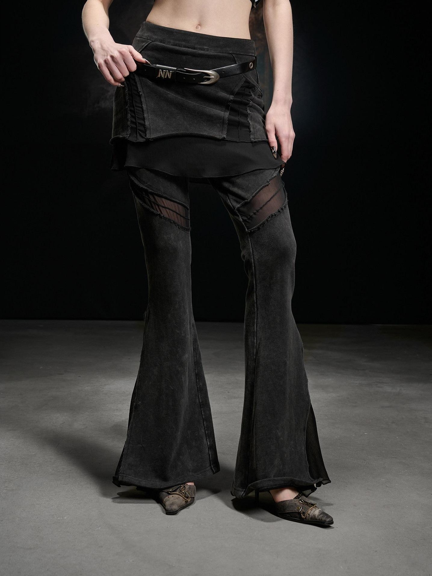 NORTH NODE Washed Vintage Chiffon Panel Slimming Micro Flare Women&