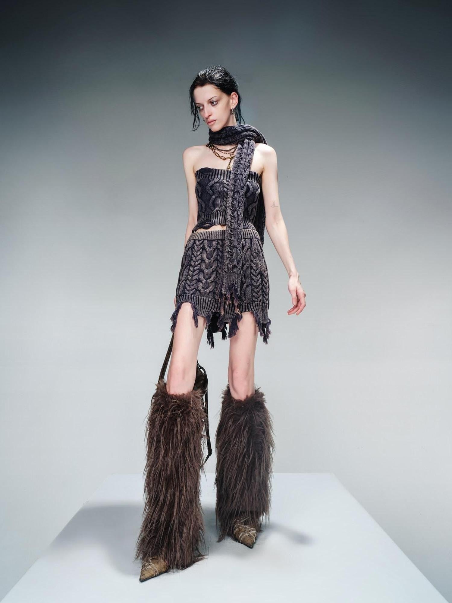 NORTH NODE Washed Vintage Distressed Cable Knit Women&