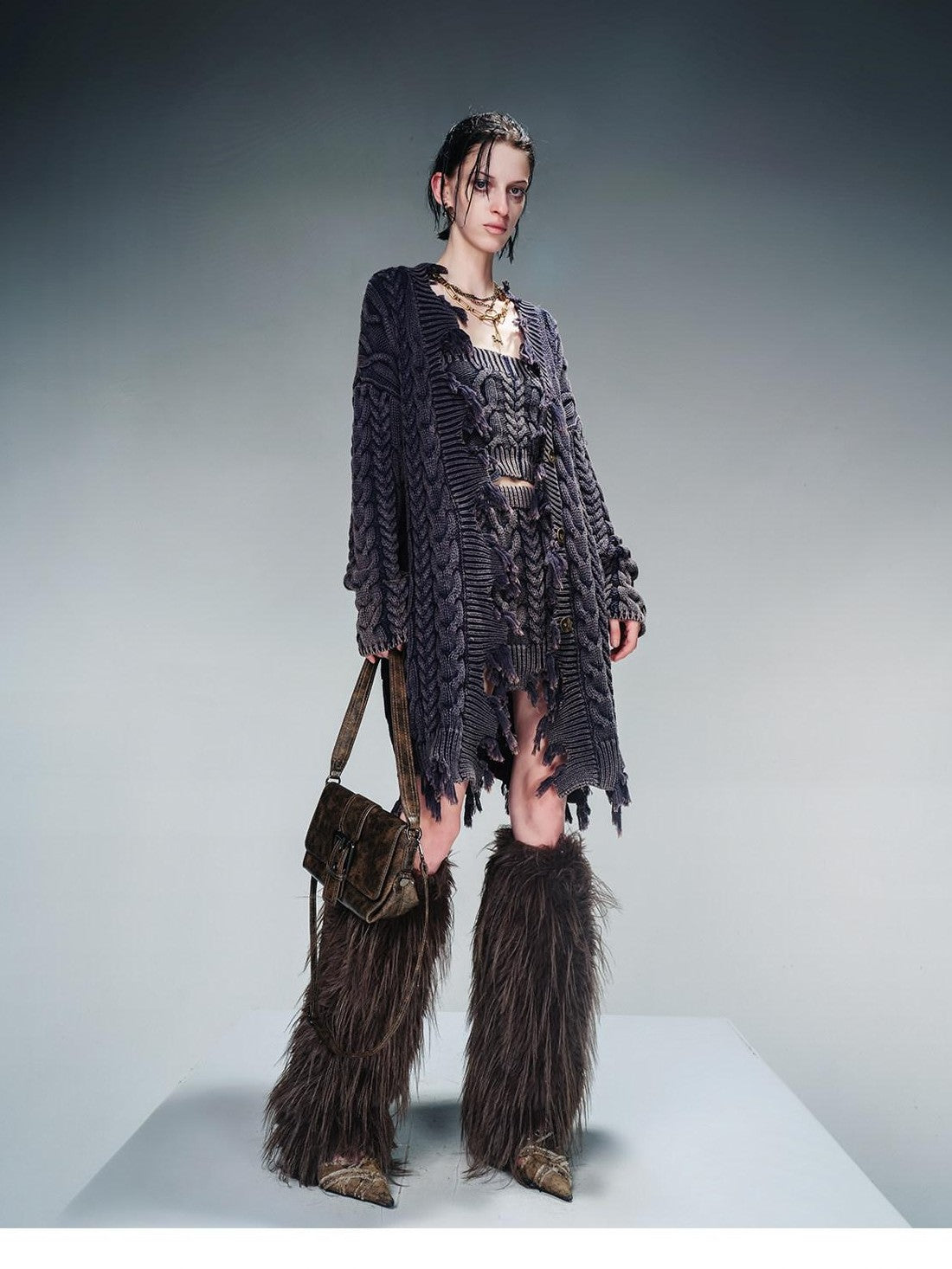 NORTH NODE Washed Vintage Distressed Cable Knit Women&