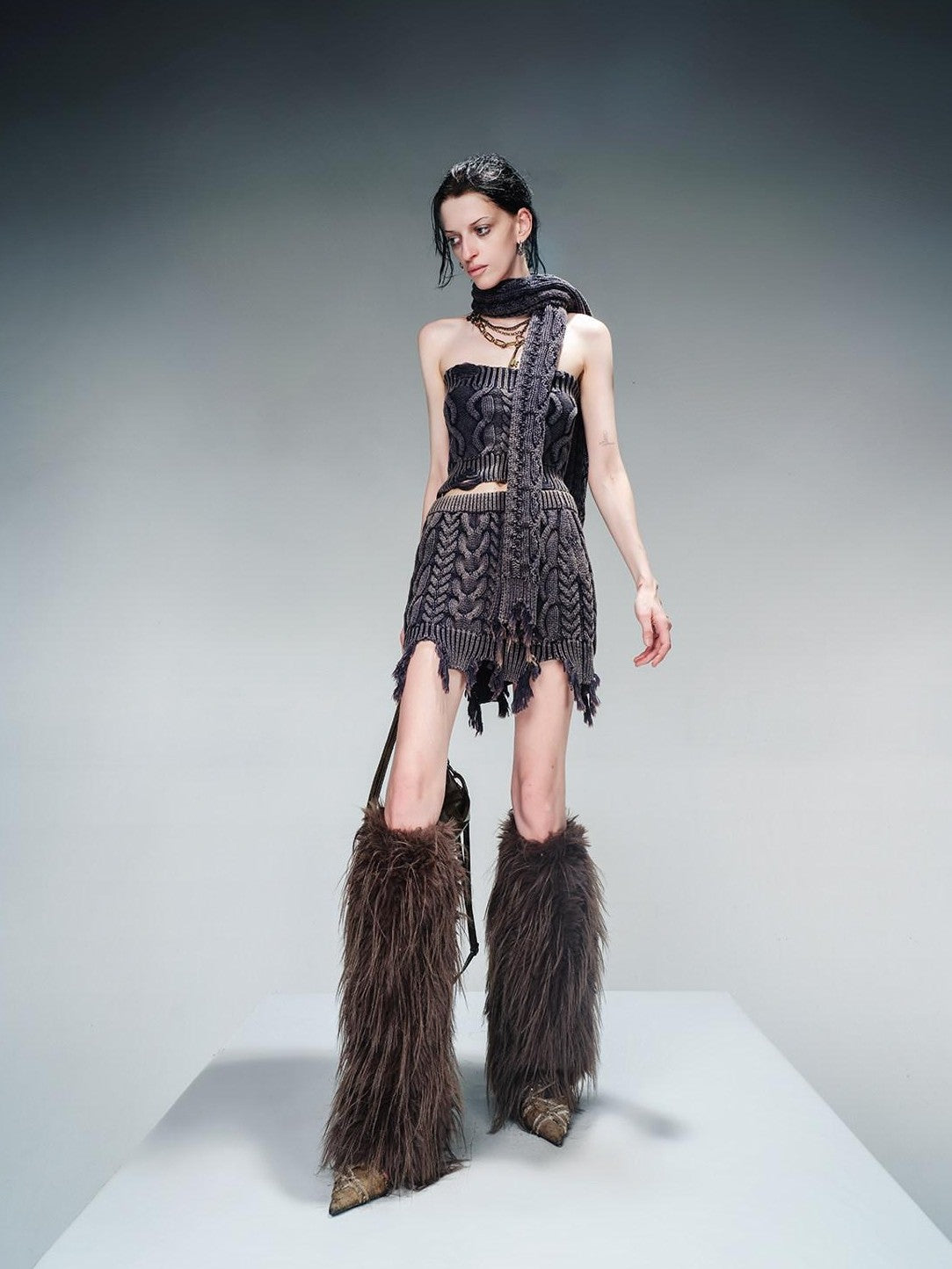 NORTH NODE Washed Vintage Distressed Cable Knit Women&