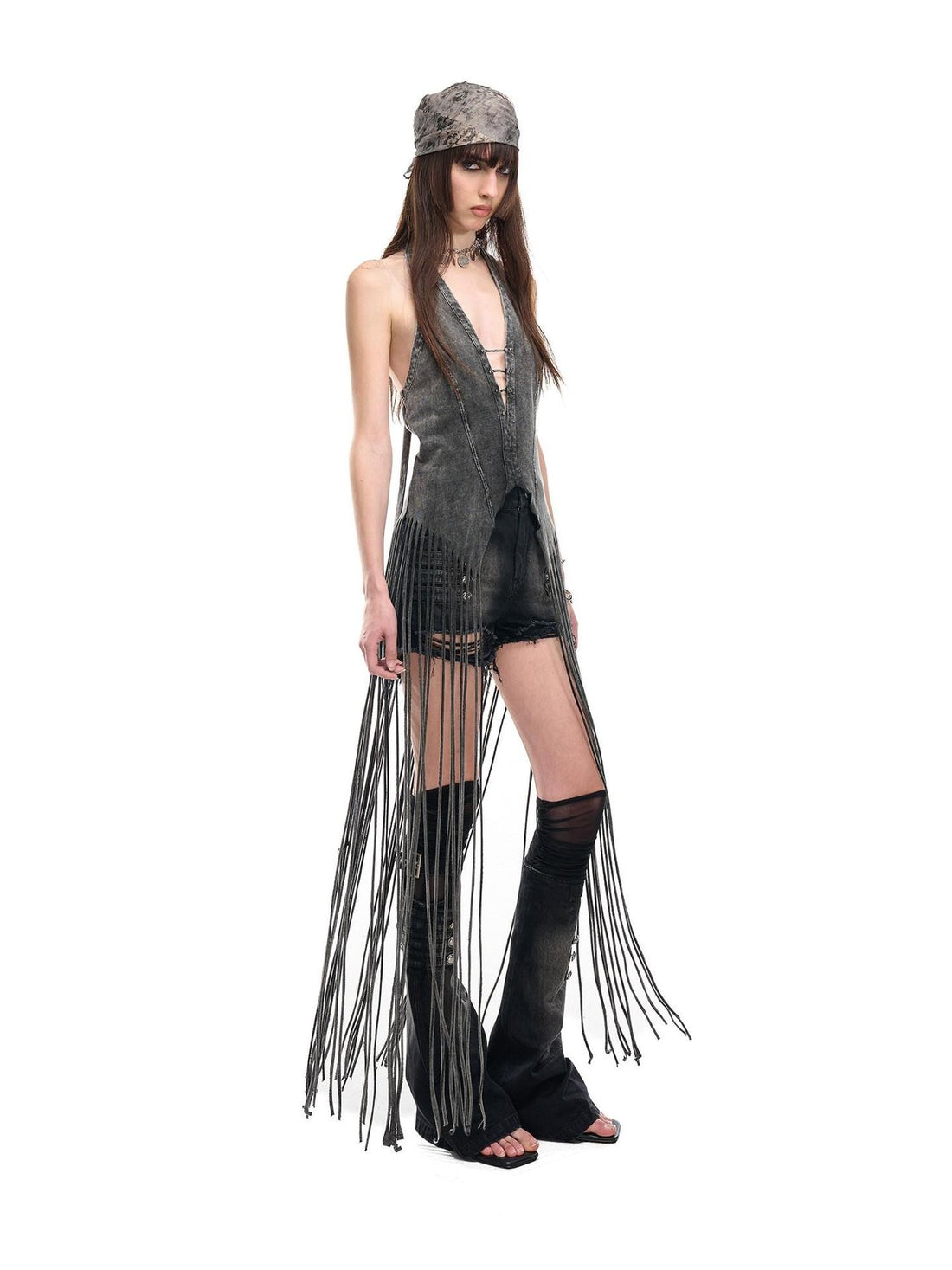 NORTH NODE Washed Vintage Faded V-neck Long Tassel Women&