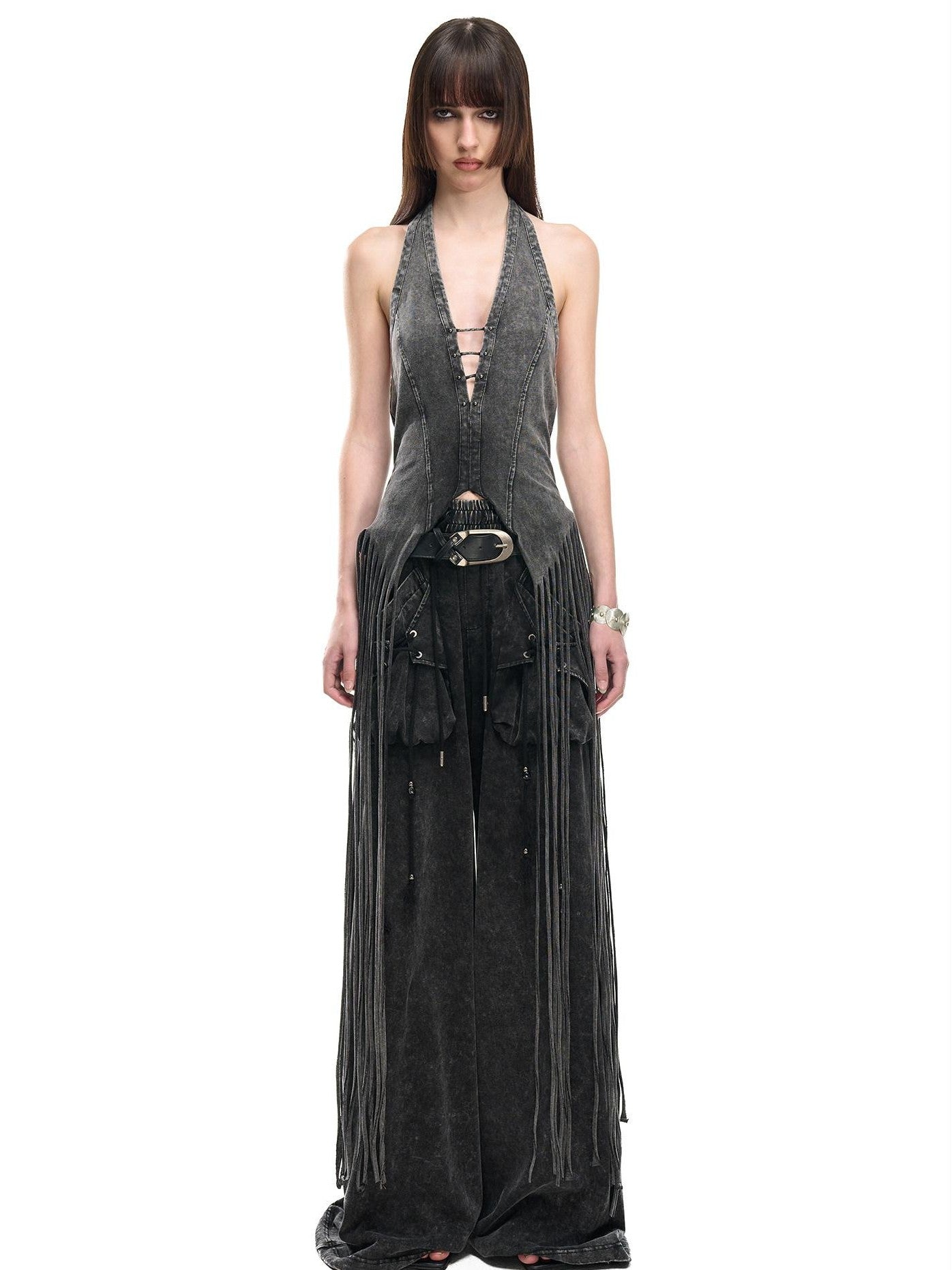 NORTH NODE Washed Vintage Faded V-neck Long Tassel Women&