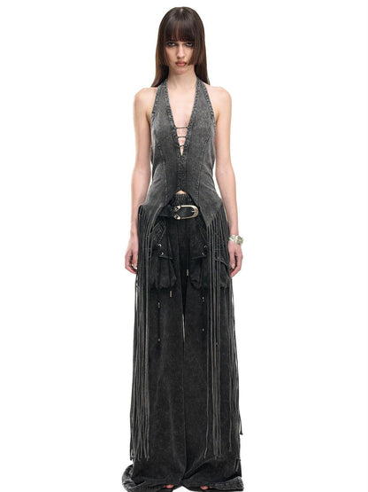 NORTH NODE Washed Vintage Faded V-neck Long Tassel Women&