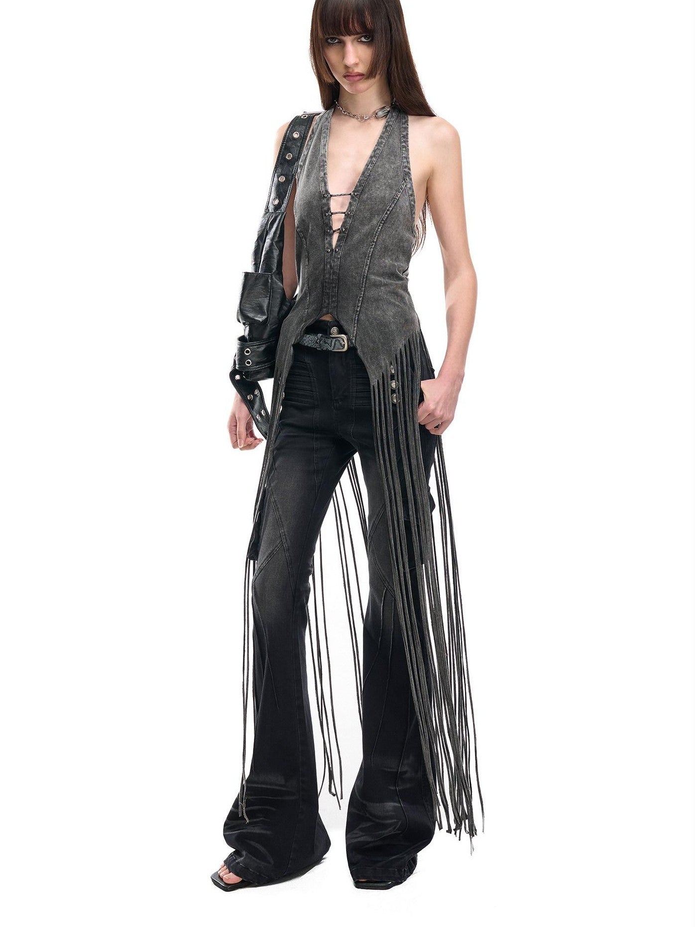 NORTH NODE Washed Vintage Faded V-neck Long Tassel Women&