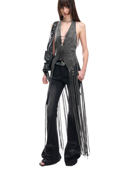 NORTH NODE Washed Vintage Faded V-neck Long Tassel Women&