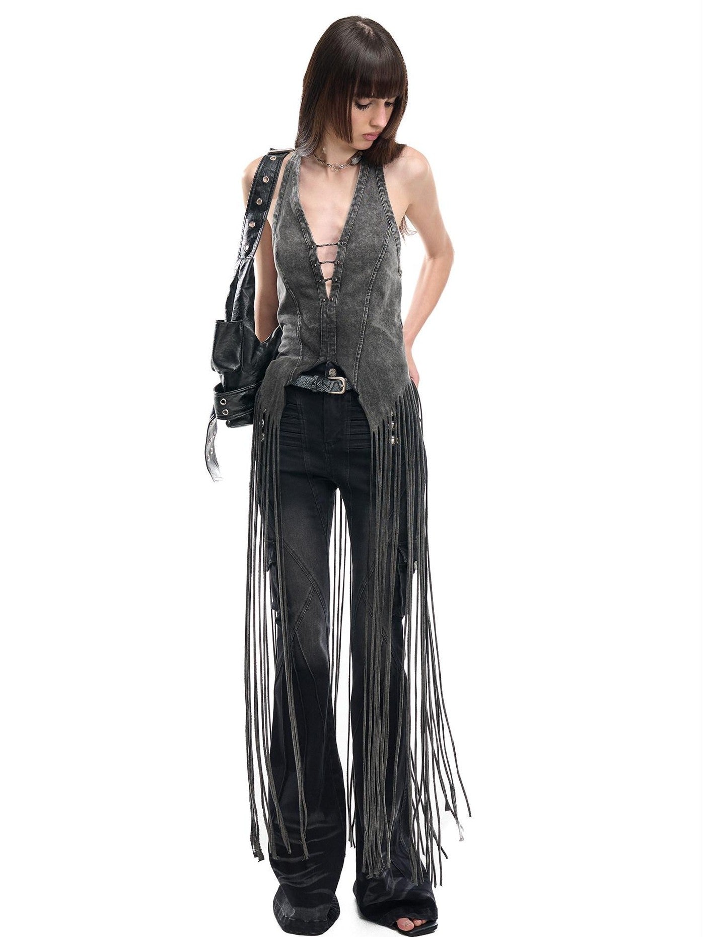 NORTH NODE Washed Vintage Faded V-neck Long Tassel Women&